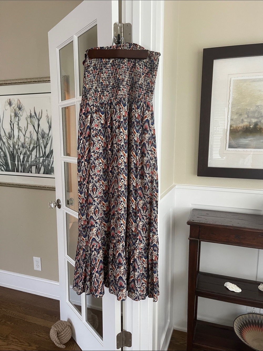 Evereve Navy, Cream & Rust Smocked Boho Maxi Skirt